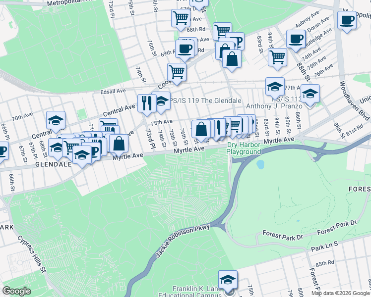 map of restaurants, bars, coffee shops, grocery stores, and more near 74-17 Myrtle Avenue in Queens