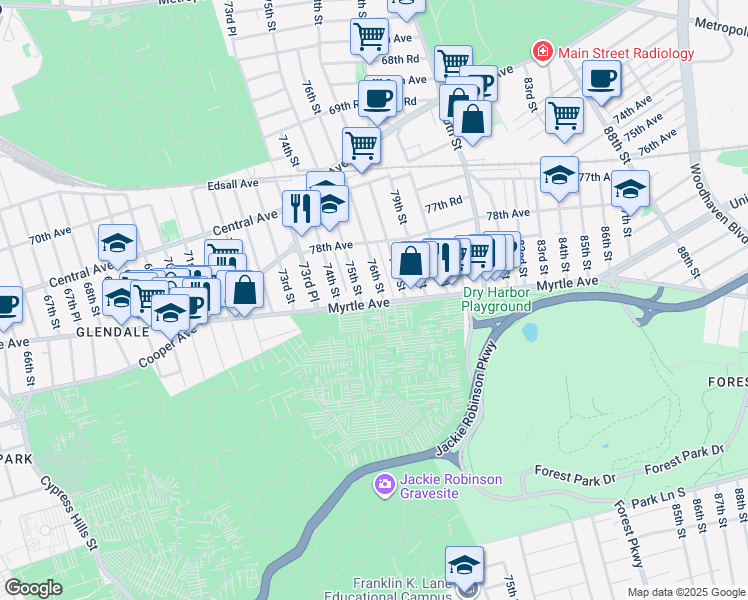 map of restaurants, bars, coffee shops, grocery stores, and more near 74-17 Myrtle Avenue in Queens