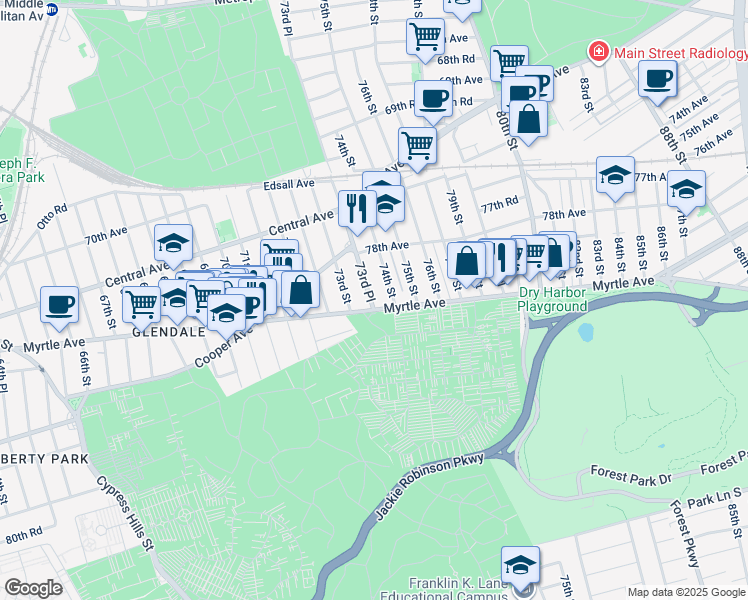 map of restaurants, bars, coffee shops, grocery stores, and more near 73-35 Myrtle Avenue in Queens