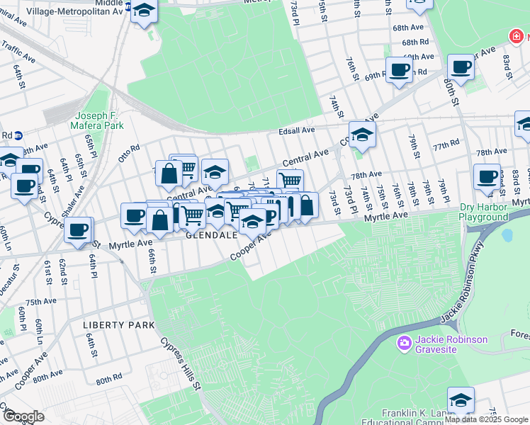 map of restaurants, bars, coffee shops, grocery stores, and more near 71-69 70th Street in Queens
