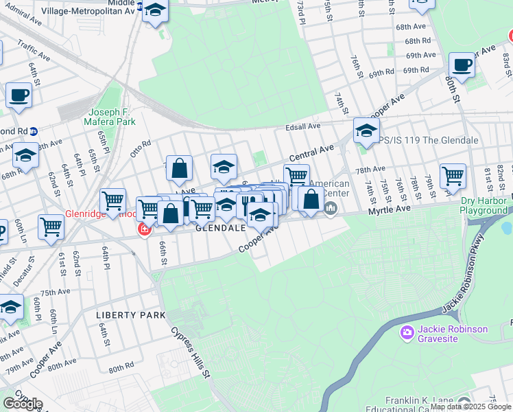 map of restaurants, bars, coffee shops, grocery stores, and more near 71-58 69th Place in Queens