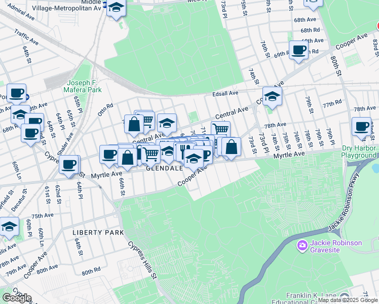 map of restaurants, bars, coffee shops, grocery stores, and more near 71-58 69th Place in Queens