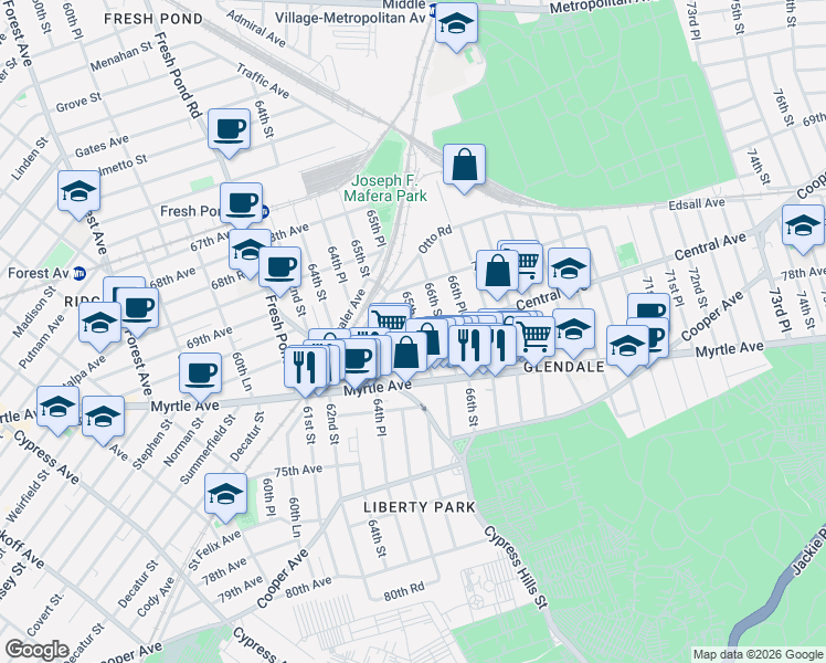 map of restaurants, bars, coffee shops, grocery stores, and more near 2618 Central Avenue in Queens