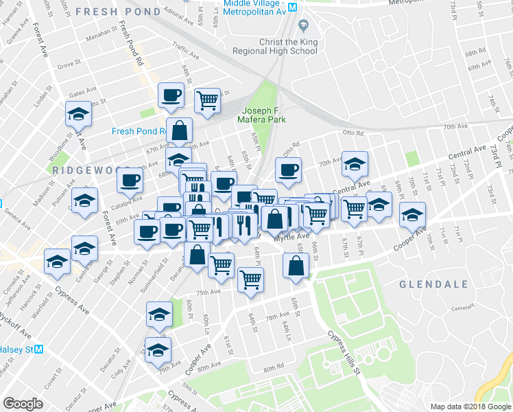 map of restaurants, bars, coffee shops, grocery stores, and more near 70-41 64th Place in Queens