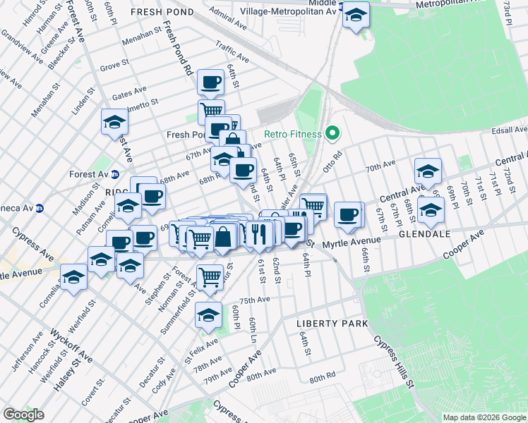 map of restaurants, bars, coffee shops, grocery stores, and more near 70-12 Cypress Hills Street in Queens