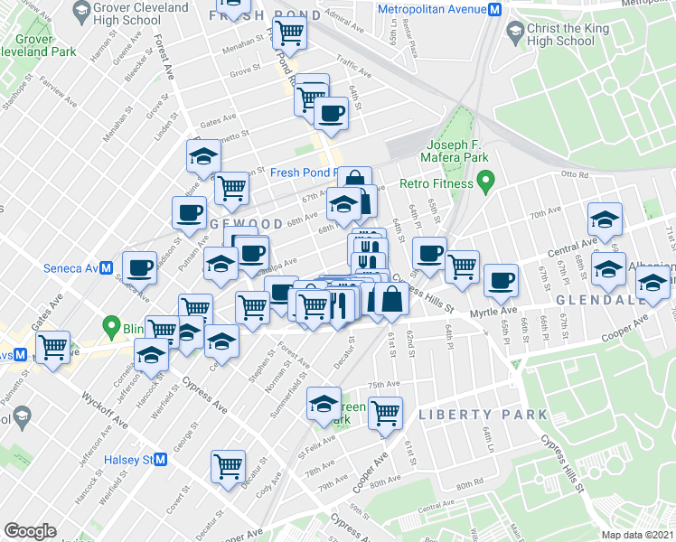 map of restaurants, bars, coffee shops, grocery stores, and more near 60-83 70th Avenue in Queens
