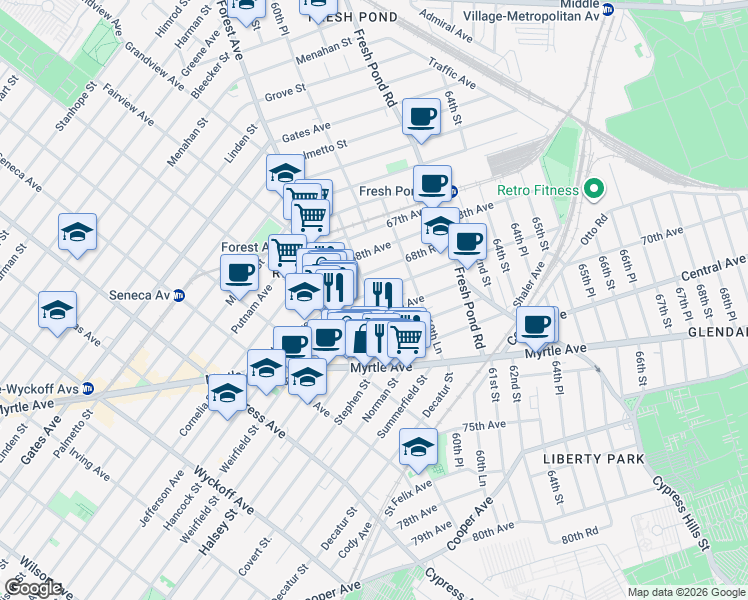 map of restaurants, bars, coffee shops, grocery stores, and more near 60-07 69th Avenue in Queens