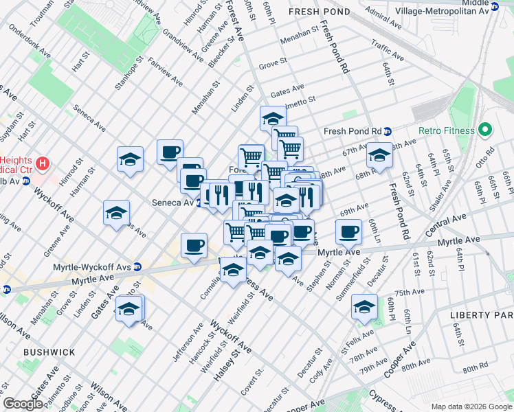 map of restaurants, bars, coffee shops, grocery stores, and more near 18-67 Cornelia Street in Queens