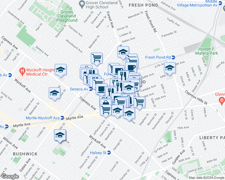 map of restaurants, bars, coffee shops, grocery stores, and more near in Queens