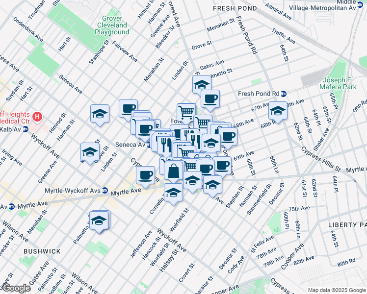 map of restaurants, bars, coffee shops, grocery stores, and more near in Queens