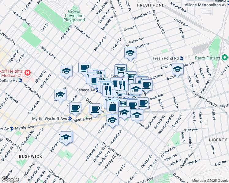 map of restaurants, bars, coffee shops, grocery stores, and more near 792 Onderdonk Avenue in Queens