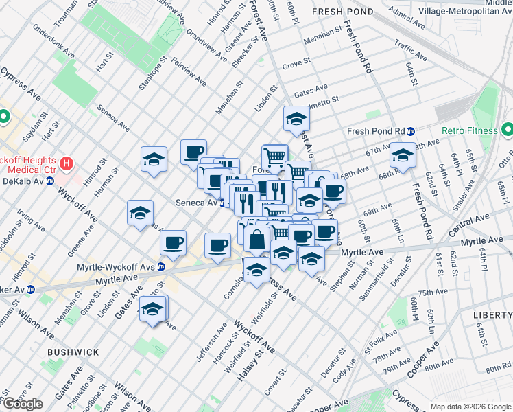 map of restaurants, bars, coffee shops, grocery stores, and more near 792 Onderdonk Avenue in Queens