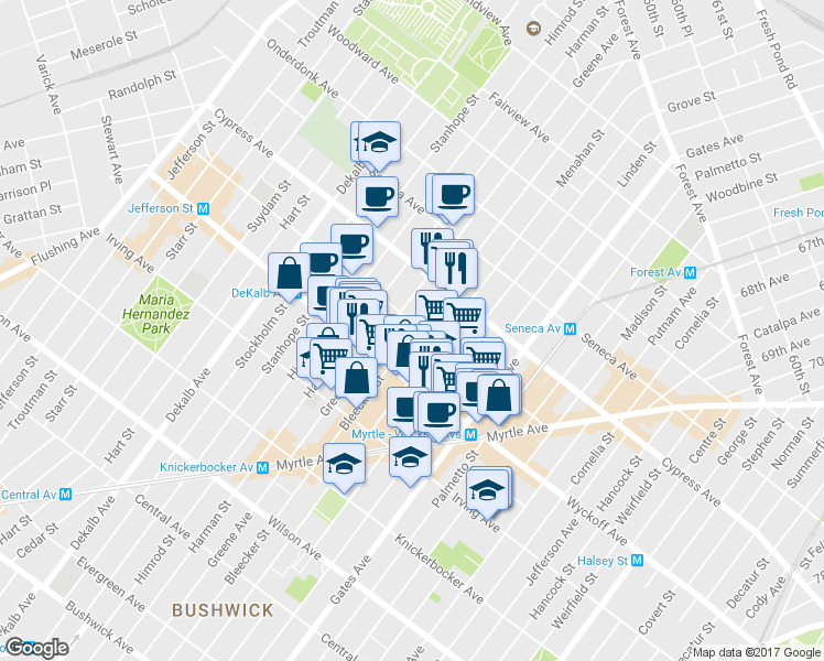 map of restaurants, bars, coffee shops, grocery stores, and more near 397 Bleecker Street in Brooklyn
