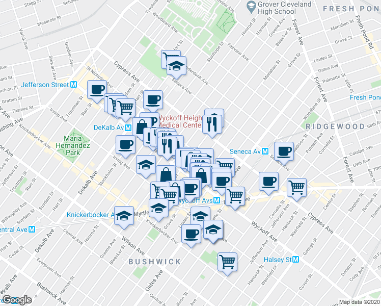 map of restaurants, bars, coffee shops, grocery stores, and more near 400 Bleecker Street in Brooklyn
