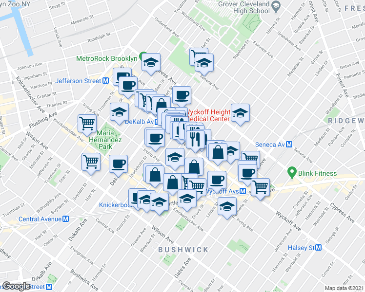 map of restaurants, bars, coffee shops, grocery stores, and more near 179 Wyckoff Avenue in Brooklyn