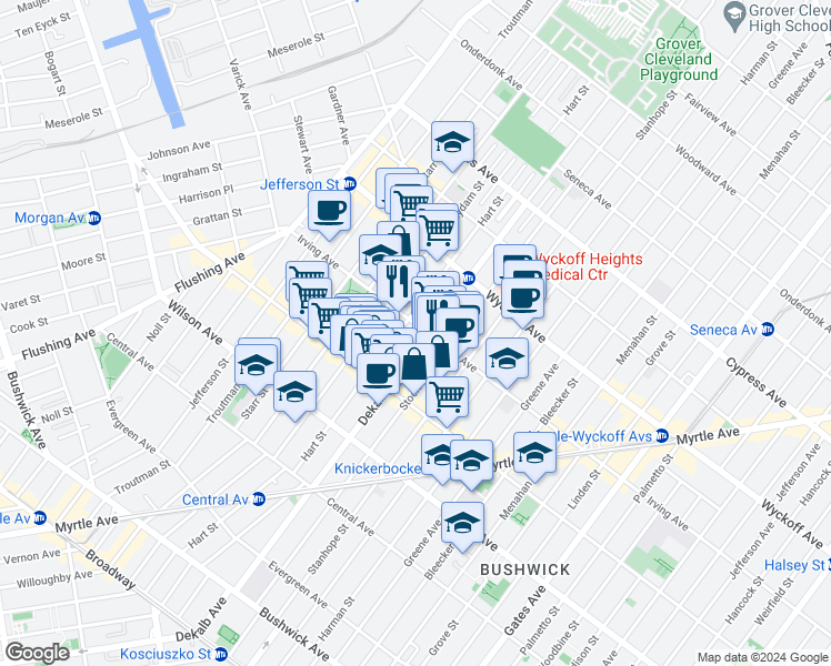 map of restaurants, bars, coffee shops, grocery stores, and more near 1535 Dekalb Avenue in Brooklyn
