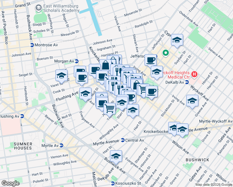 map of restaurants, bars, coffee shops, grocery stores, and more near 236 Jefferson Street in Brooklyn