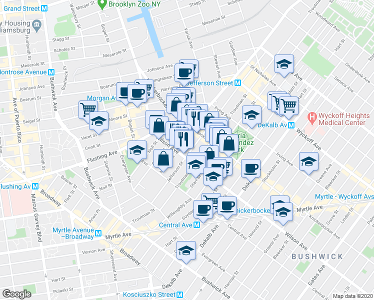 map of restaurants, bars, coffee shops, grocery stores, and more near 236 Jefferson Street in Brooklyn