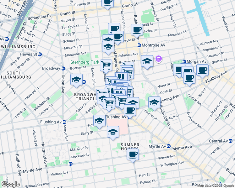 map of restaurants, bars, coffee shops, grocery stores, and more near 44 Varet Street in Brooklyn