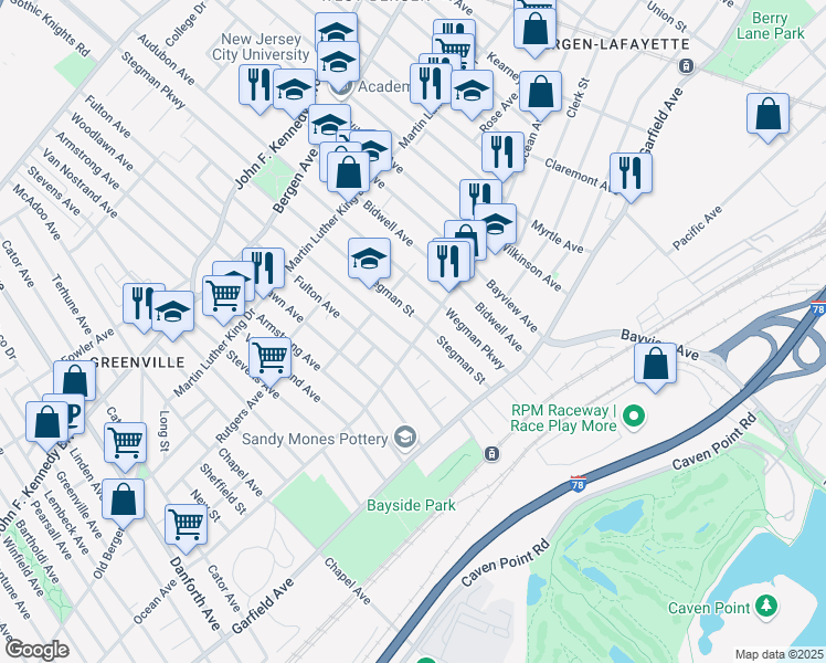 map of restaurants, bars, coffee shops, grocery stores, and more near 78 Dwight Street in Jersey City