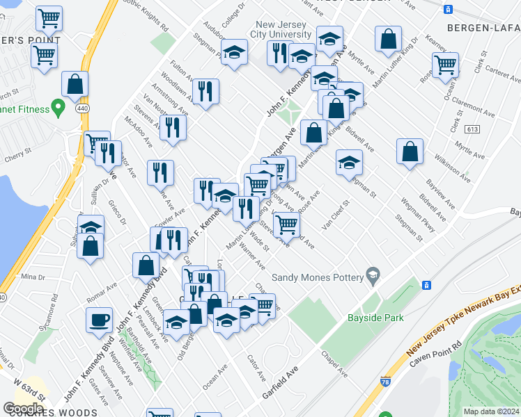 map of restaurants, bars, coffee shops, grocery stores, and more near in Jersey City