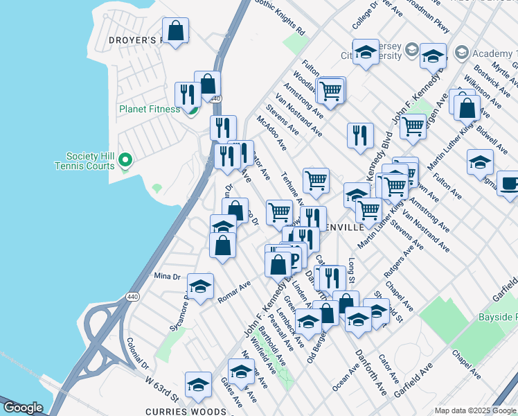 map of restaurants, bars, coffee shops, grocery stores, and more near 339 Danforth Avenue in Jersey City