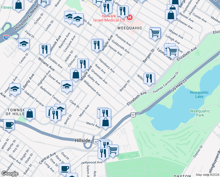 map of restaurants, bars, coffee shops, grocery stores, and more near 69 Bailey Avenue in Hillside