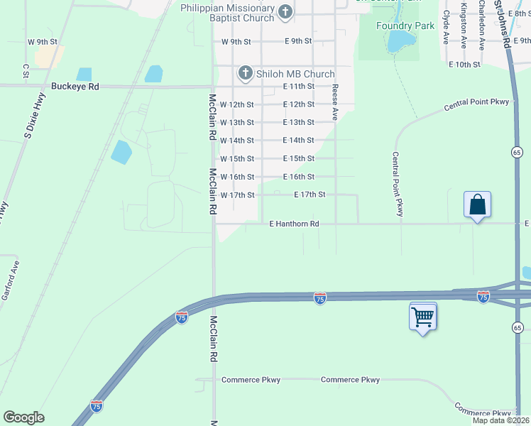 map of restaurants, bars, coffee shops, grocery stores, and more near 103 East Hanthorn Road in Lima