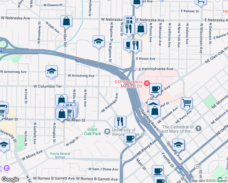 map of restaurants, bars, coffee shops, grocery stores, and more near 226 Northeast Randolph Avenue in Peoria