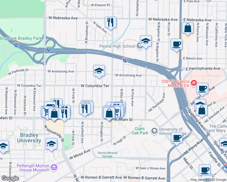map of restaurants, bars, coffee shops, grocery stores, and more near 1205 North Sheridan Road in Peoria