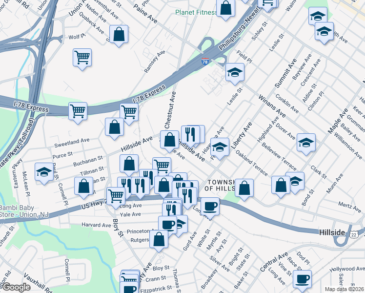 map of restaurants, bars, coffee shops, grocery stores, and more near 356a Hillside Avenue in Hillside