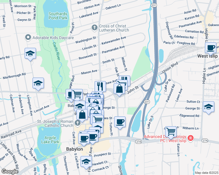 map of restaurants, bars, coffee shops, grocery stores, and more near 31 Simon Street in Babylon