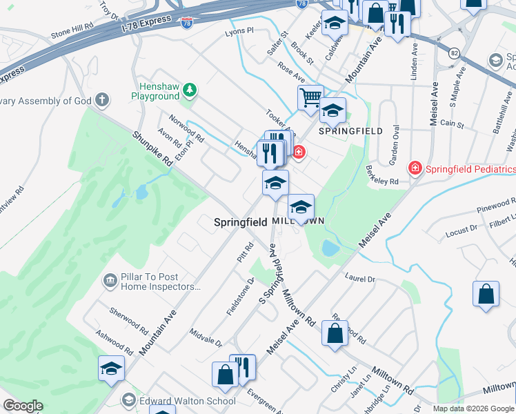 map of restaurants, bars, coffee shops, grocery stores, and more near 291 Mountain Avenue in Springfield