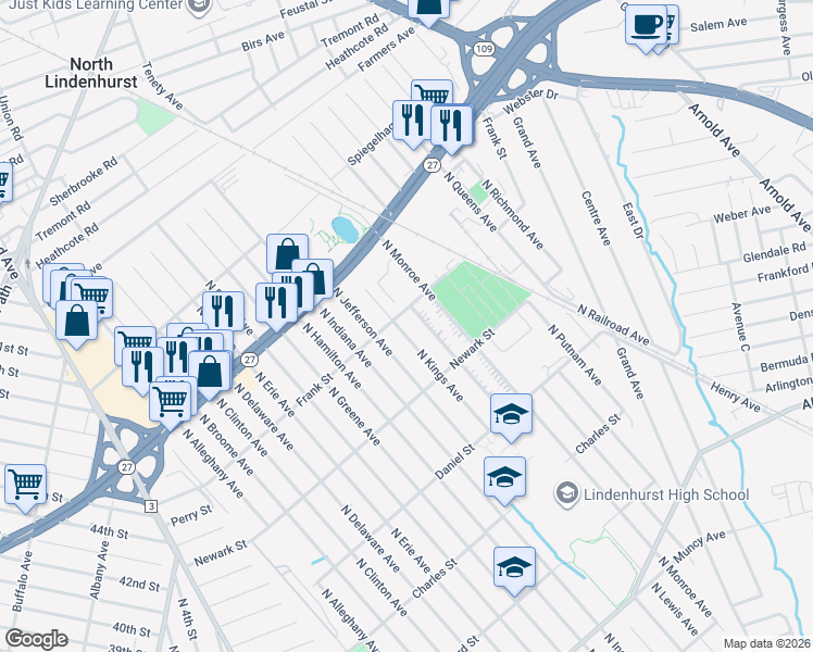 map of restaurants, bars, coffee shops, grocery stores, and more near 668 North Kings Avenue in Lindenhurst