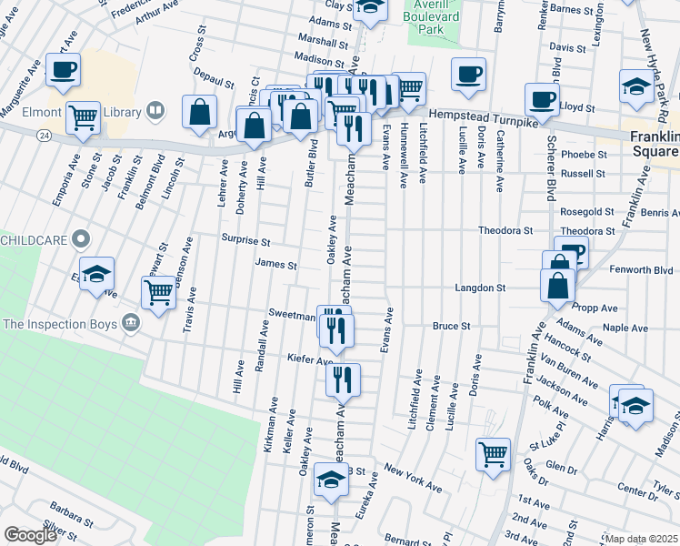 map of restaurants, bars, coffee shops, grocery stores, and more near 210 Meacham Avenue in Elmont