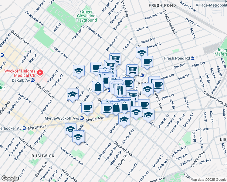 map of restaurants, bars, coffee shops, grocery stores, and more near 18-14 Woodbine Street in Queens