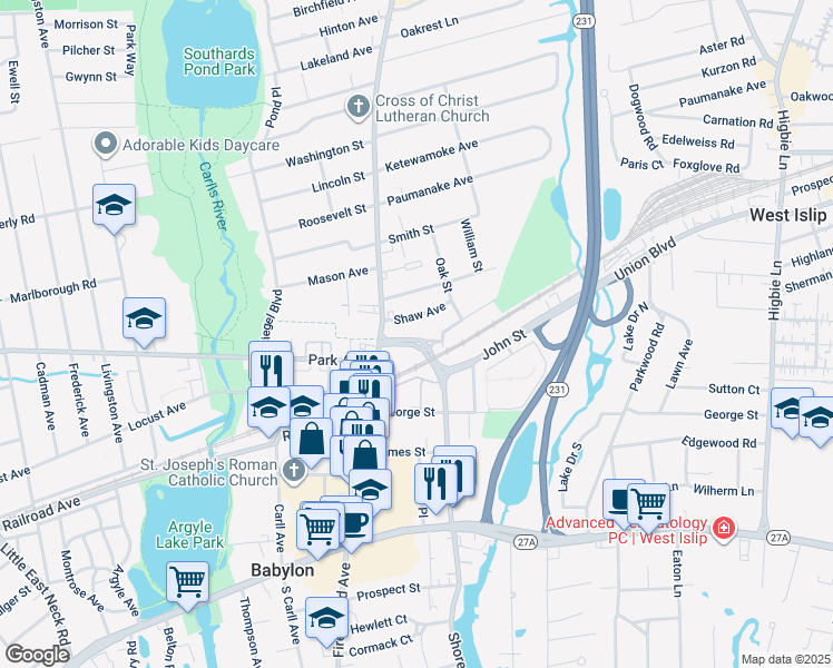 map of restaurants, bars, coffee shops, grocery stores, and more near 31 Simon Street in Babylon