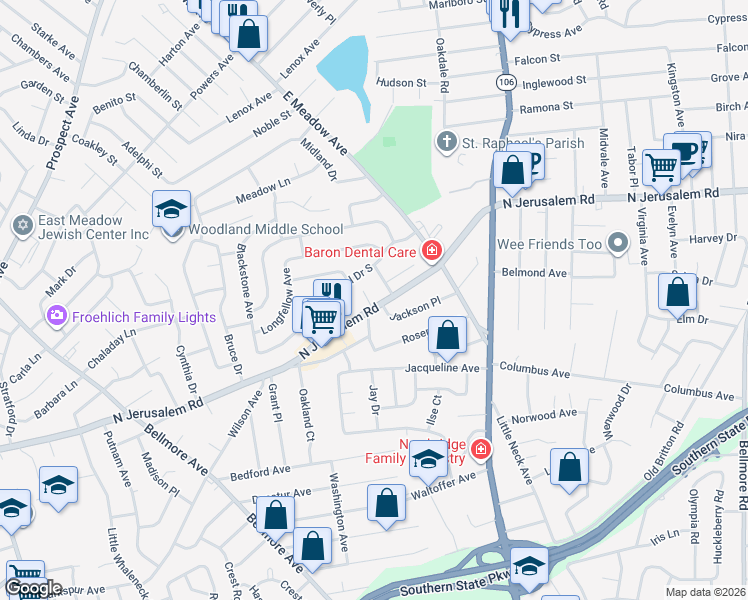 map of restaurants, bars, coffee shops, grocery stores, and more near 891 Fams Court in East Meadow