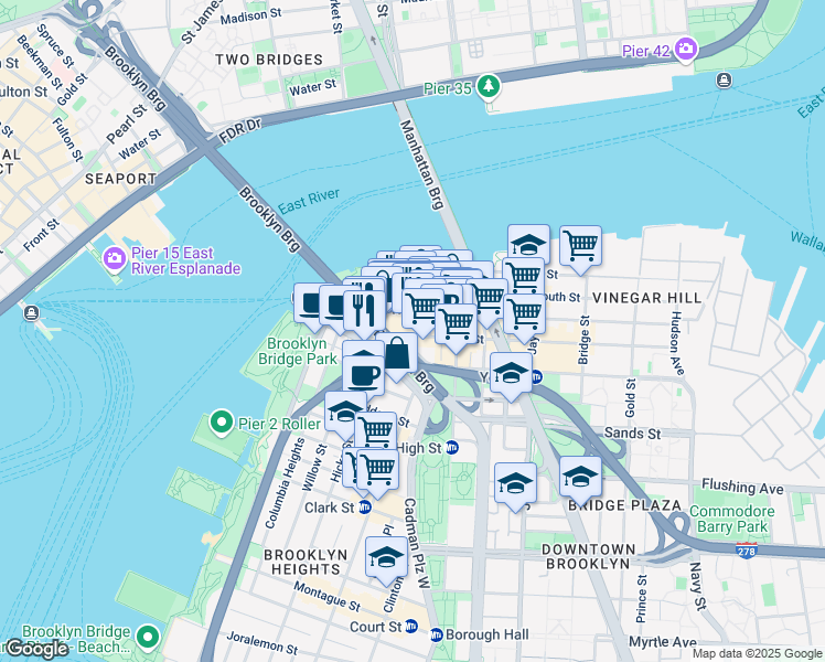 map of restaurants, bars, coffee shops, grocery stores, and more near 57 Front Street in Brooklyn