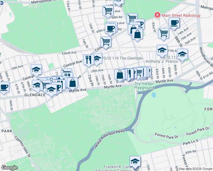 map of restaurants, bars, coffee shops, grocery stores, and more near 74-17 Myrtle Avenue in Queens