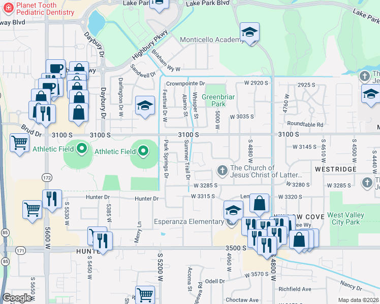 map of restaurants, bars, coffee shops, grocery stores, and more near 5071 Park Commons Way in West Valley City