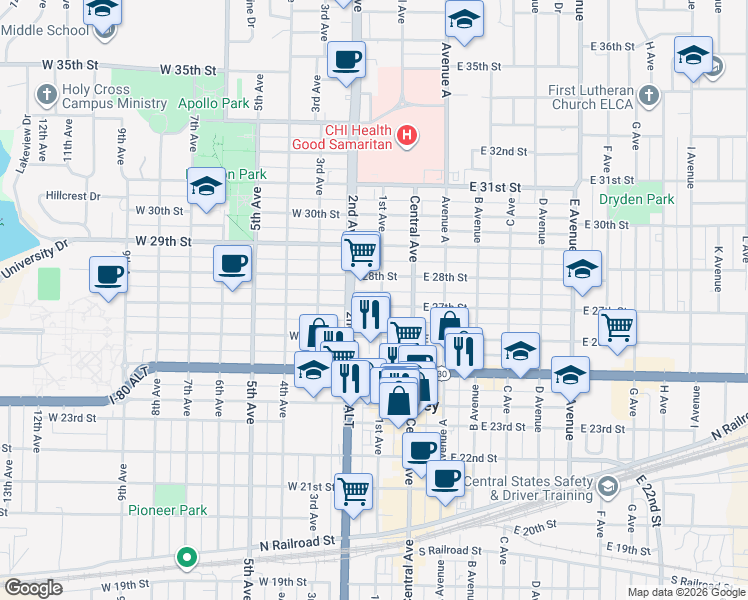 map of restaurants, bars, coffee shops, grocery stores, and more near 21 West 27th Street in Kearney