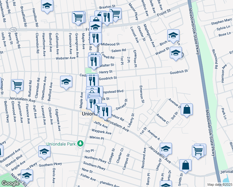 map of restaurants, bars, coffee shops, grocery stores, and more near 506 Armond Street in Uniondale