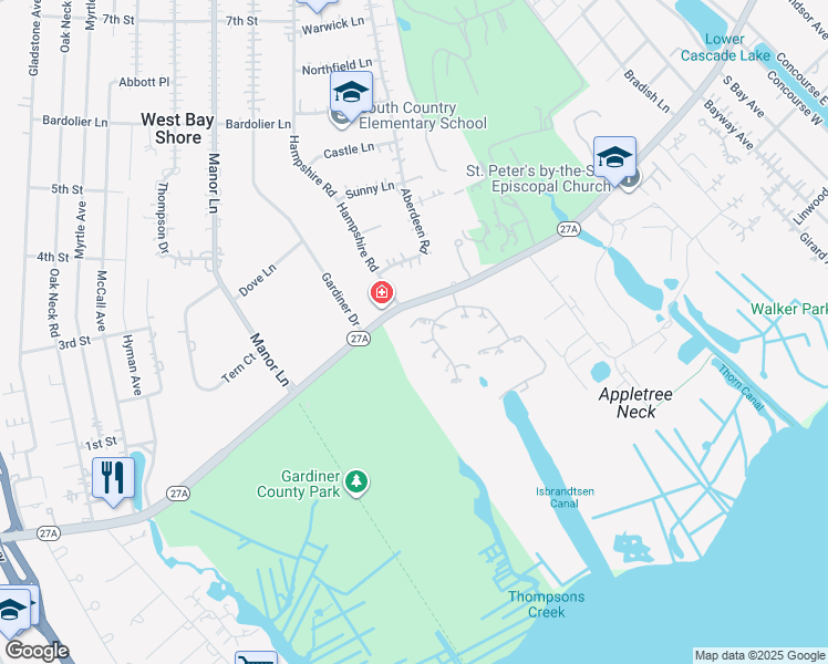 map of restaurants, bars, coffee shops, grocery stores, and more near 121 Corral Lane in Bay Shore