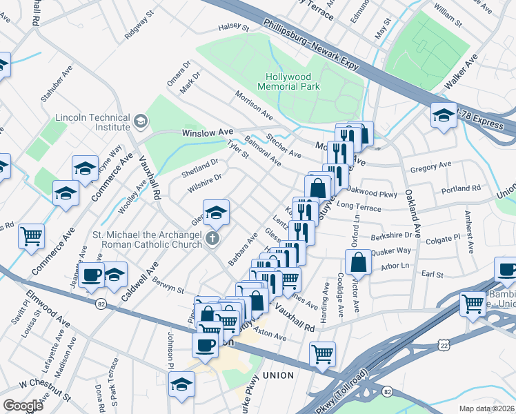 map of restaurants, bars, coffee shops, grocery stores, and more near 2097 Gless Avenue in Union