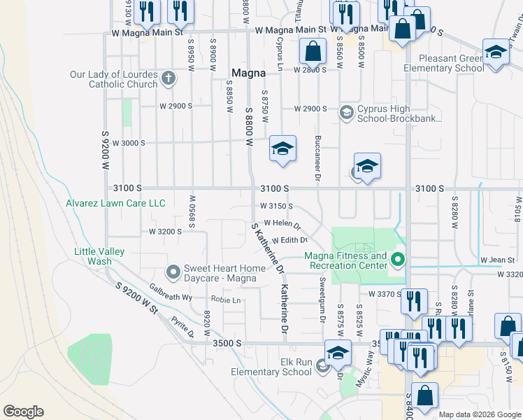 map of restaurants, bars, coffee shops, grocery stores, and more near 8779 West 3150 South in Magna