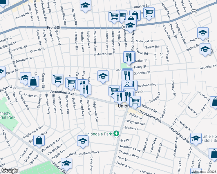 map of restaurants, bars, coffee shops, grocery stores, and more near 526 Greengrove Avenue in Uniondale