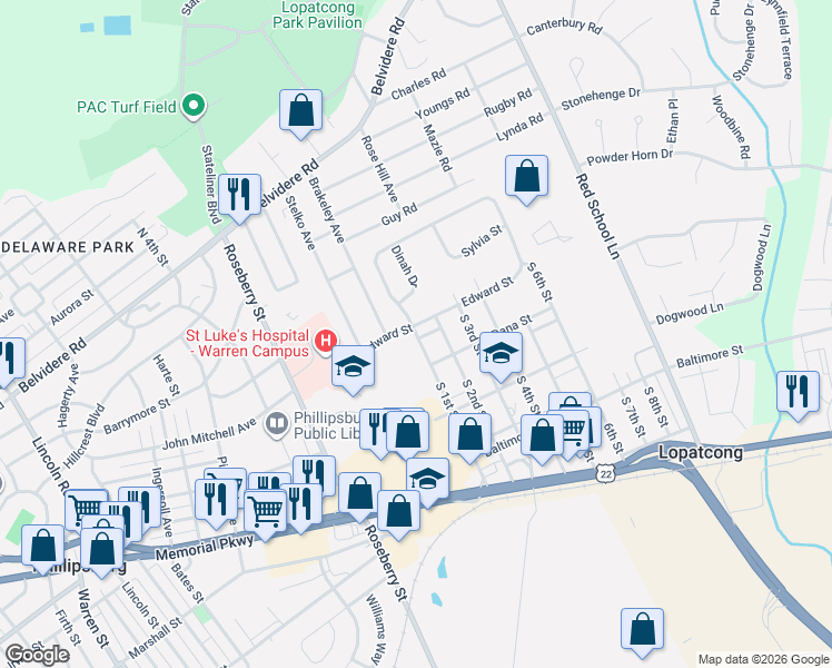 map of restaurants, bars, coffee shops, grocery stores, and more near 411 South 1st Street in Phillipsburg