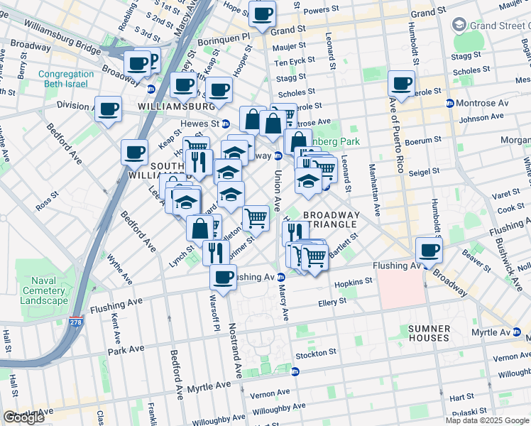 map of restaurants, bars, coffee shops, grocery stores, and more near 132 Middleton Street in Brooklyn