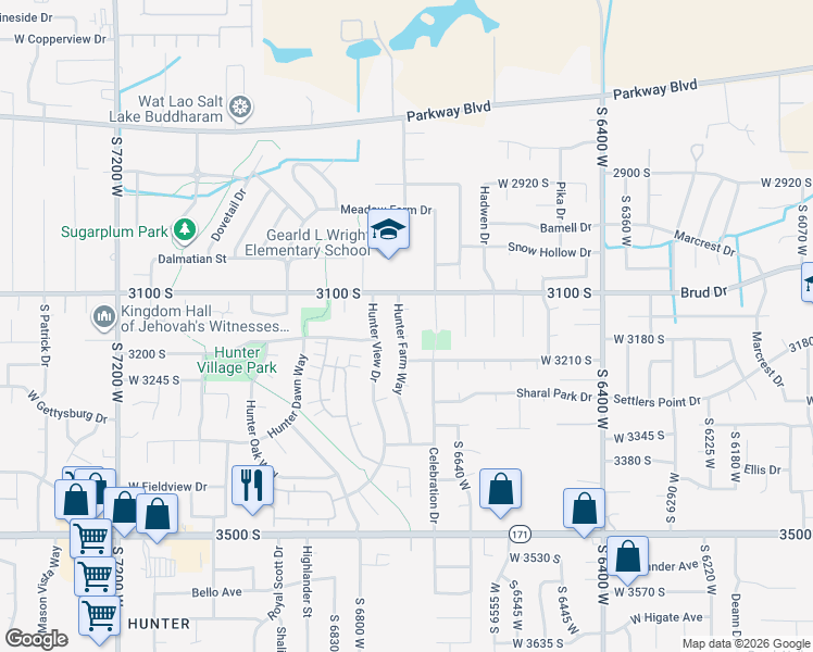map of restaurants, bars, coffee shops, grocery stores, and more near 6724 Hunter Wood Circle in West Valley City